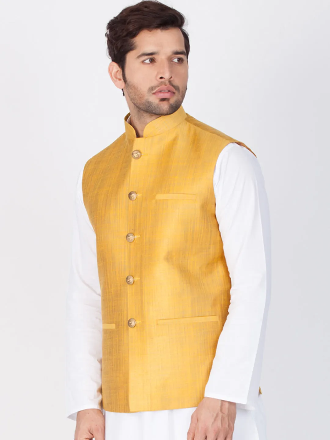 Jashvi Men's Gold Cotton Blend Ethnic Jacket