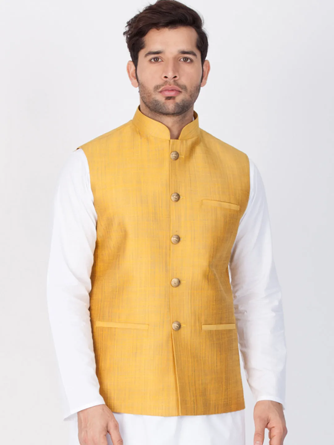 Jashvi Men's Gold Cotton Blend Ethnic Jacket