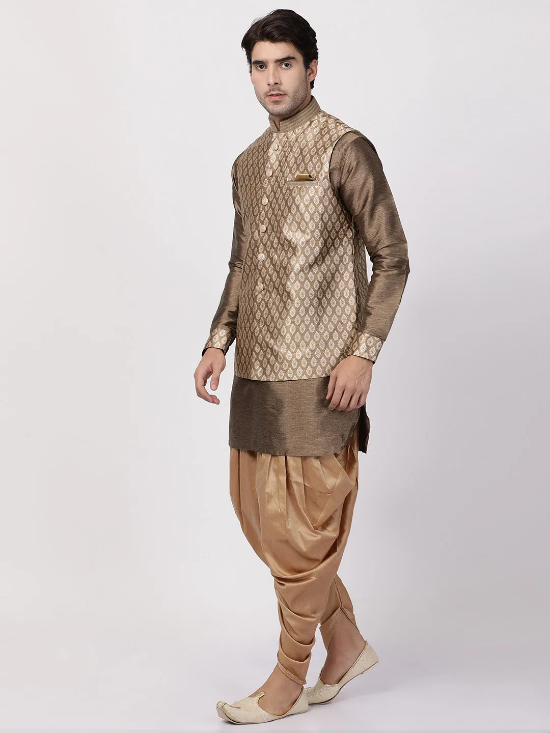 Jashvi Men's Gold Woven Nehru Jacket With Kurta Dhoti Set