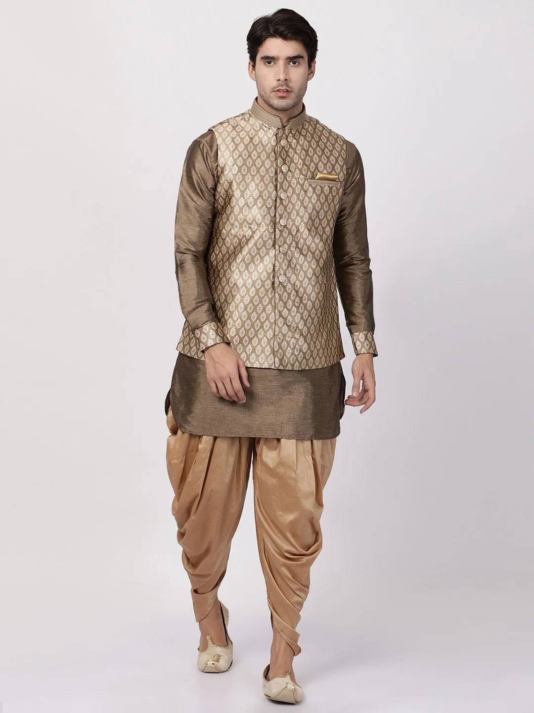 Jashvi Men's Gold Woven Nehru Jacket With Kurta Dhoti Set