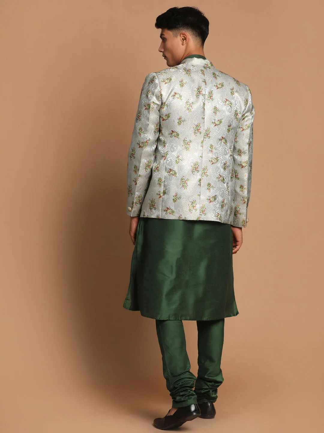 Jashvi Men's Green Silk Blend Woven Blazer And Solid Viscose Kurta With Pajama Set