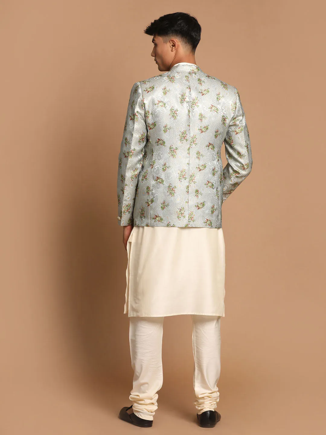 Jashvi Men's Light Green Woven Blazer And Cream Solid Kurta With Pajama Set