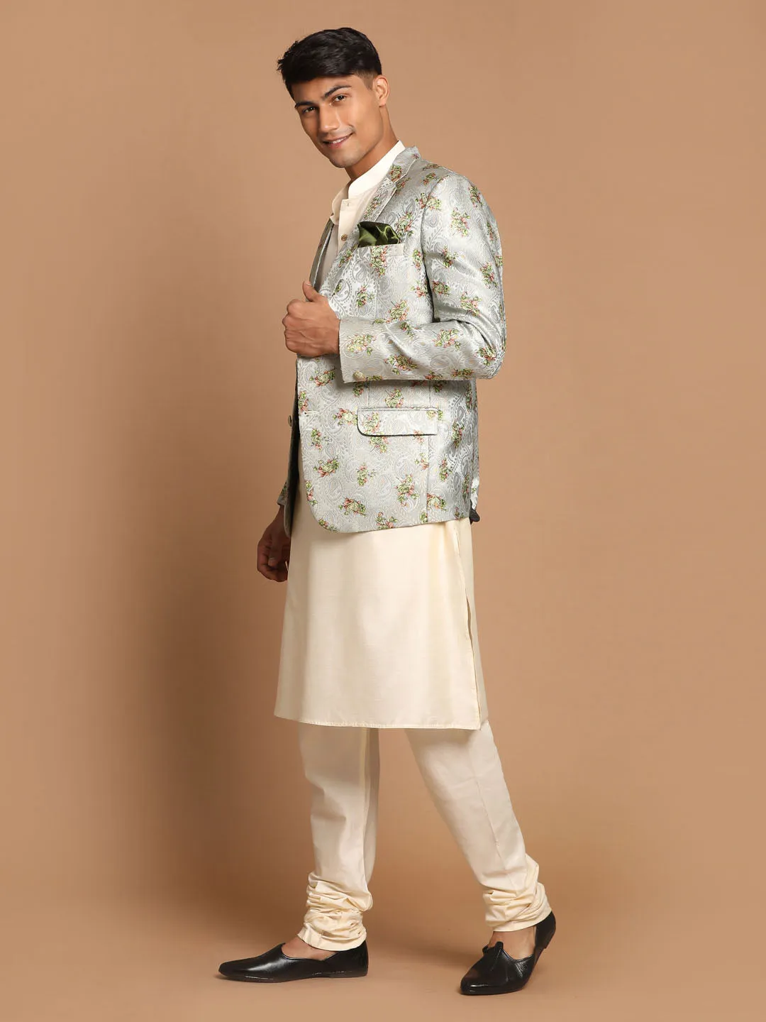 Jashvi Men's Light Green Woven Blazer And Cream Solid Kurta With Pajama Set