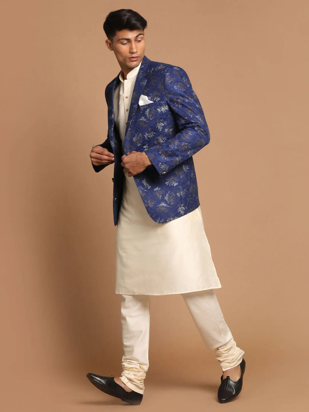 Jashvi Men's Navy Blue Woven Blazer And Cream Solid Kurta With Pajama Set