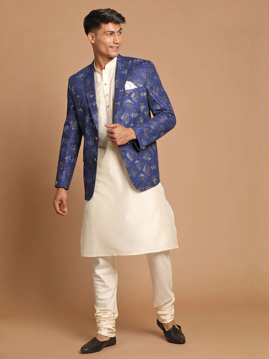 Jashvi Men's Navy Blue Woven Blazer And Cream Solid Kurta With Pajama Set