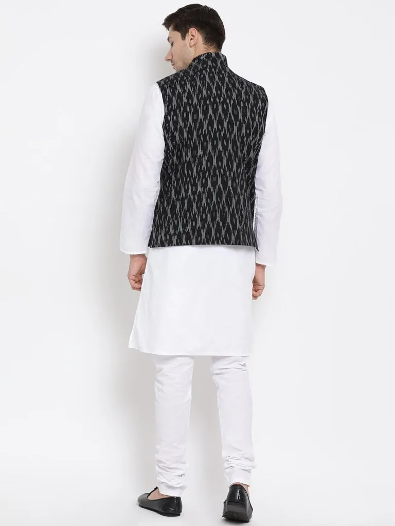 Jashvi Men's White Cotton Kurta, Black Ethnic Jacket and Pyjama Set