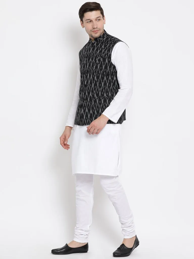 Jashvi Men's White Cotton Kurta, Black Ethnic Jacket and Pyjama Set