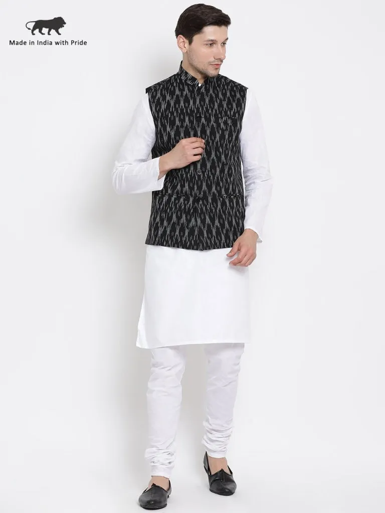 Jashvi Men's White Cotton Kurta, Black Ethnic Jacket and Pyjama Set