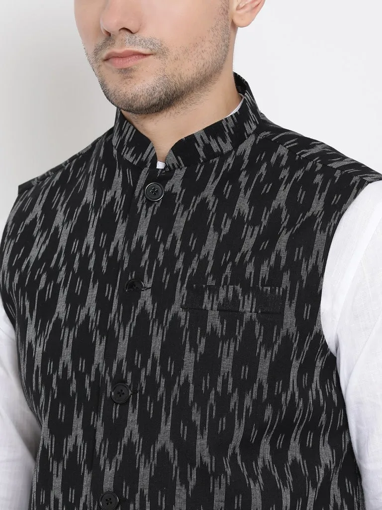 Jashvi Men's White Cotton Kurta, Black Ethnic Jacket and Pyjama Set