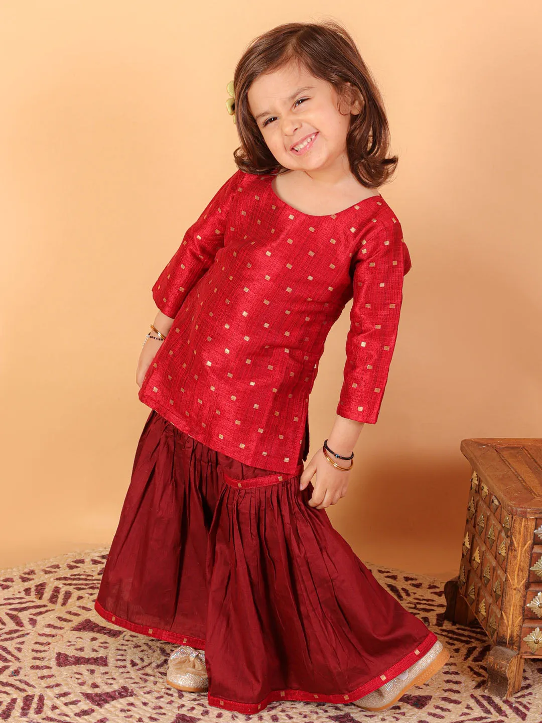 Jashvi SISHU Girls' Maroon Zari Kurta And Maroon Sharara Set