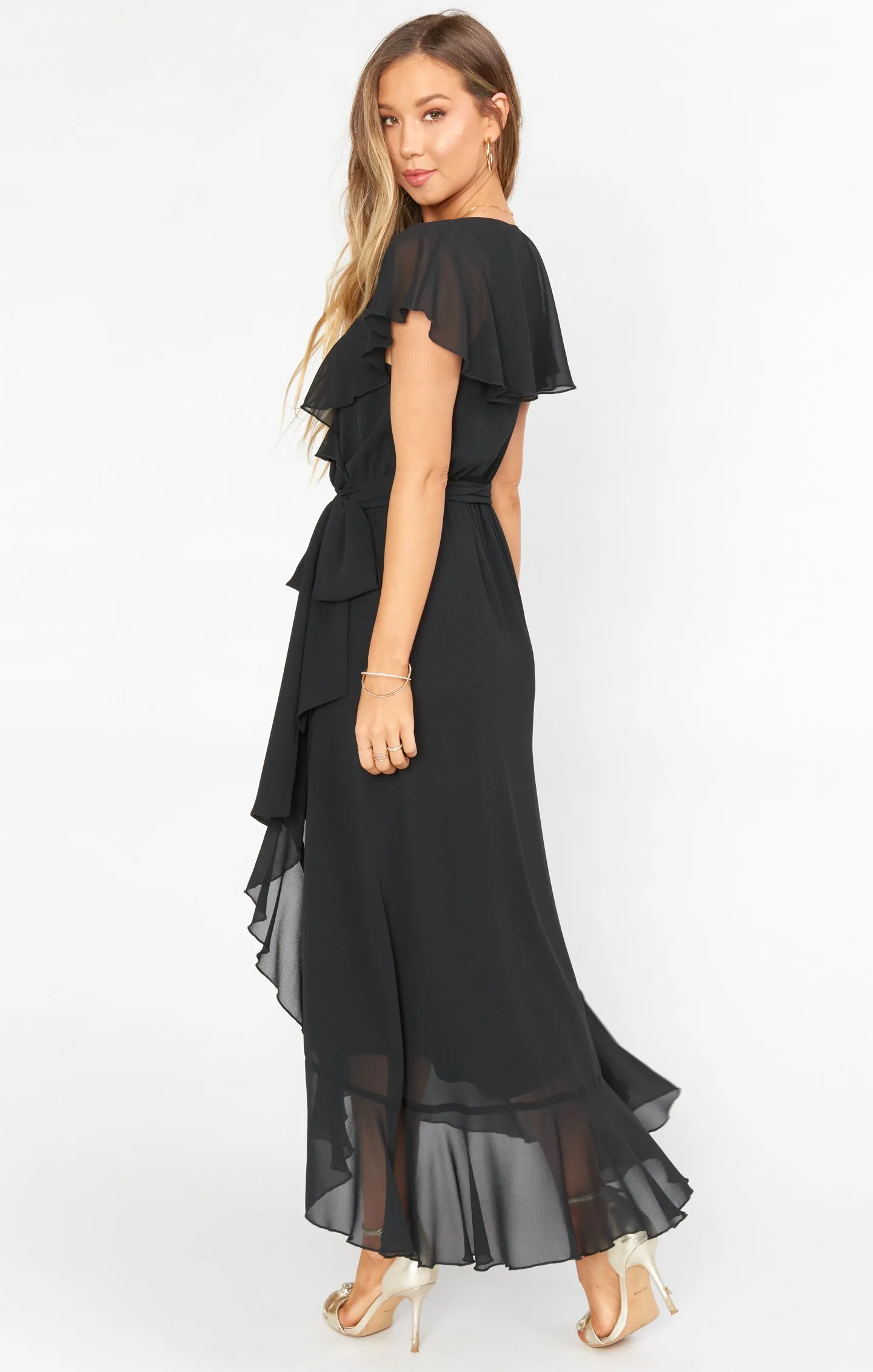 Jess Ruffle Midi Dress ~ Black Chiffon