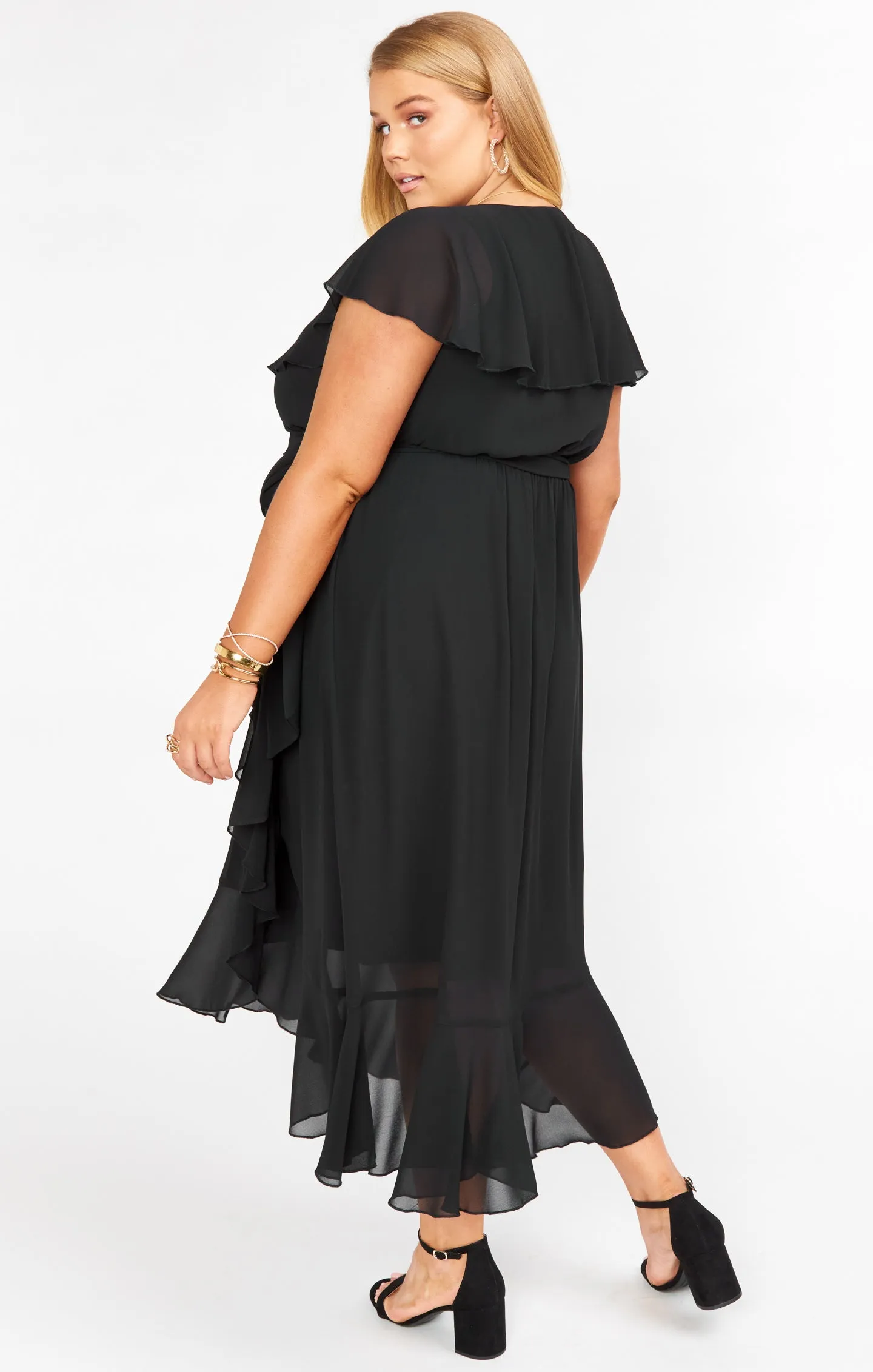 Jess Ruffle Midi Dress ~ Black Chiffon