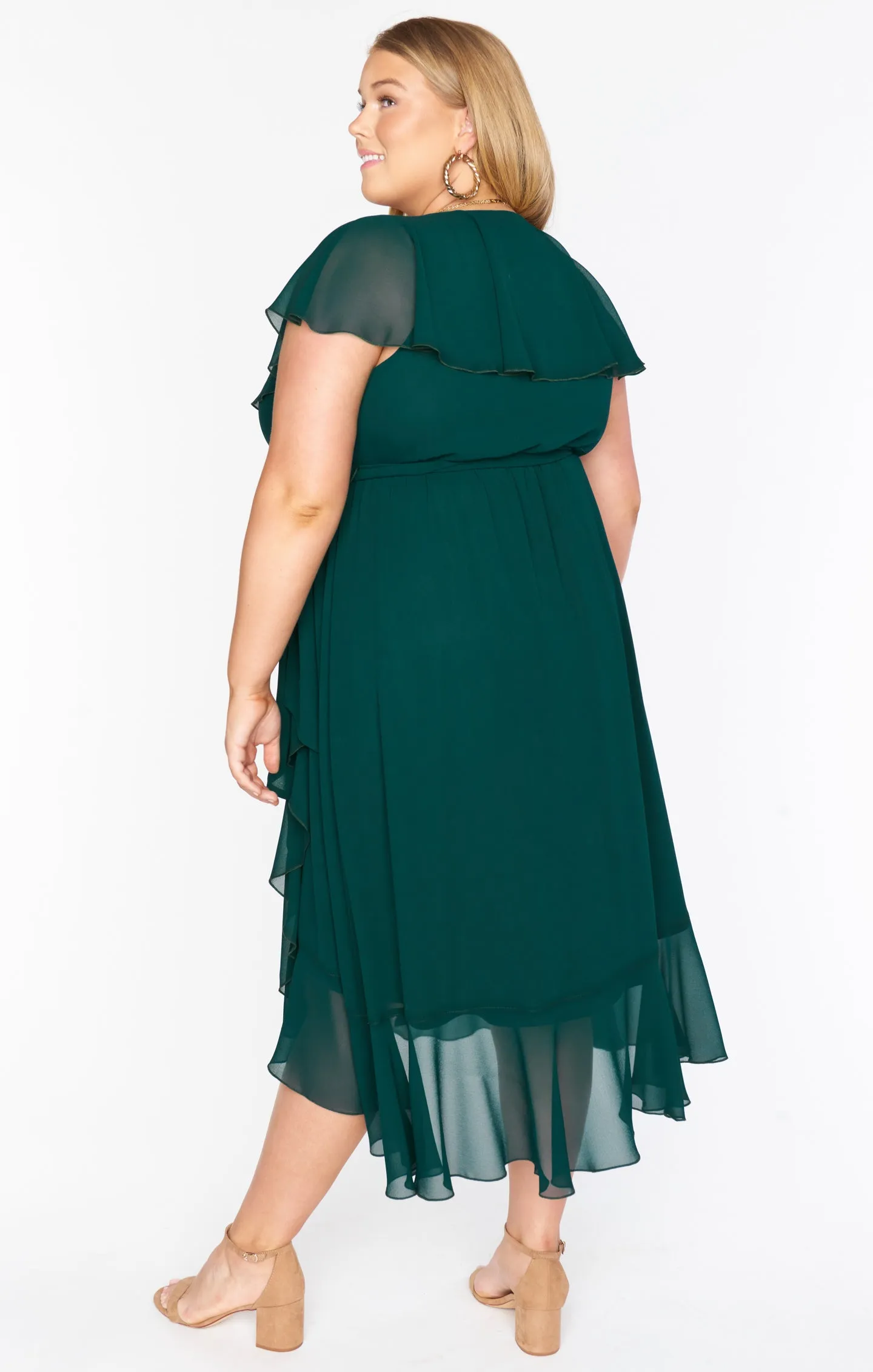 Jess Ruffle Midi Dress ~ Emerald Chiffon