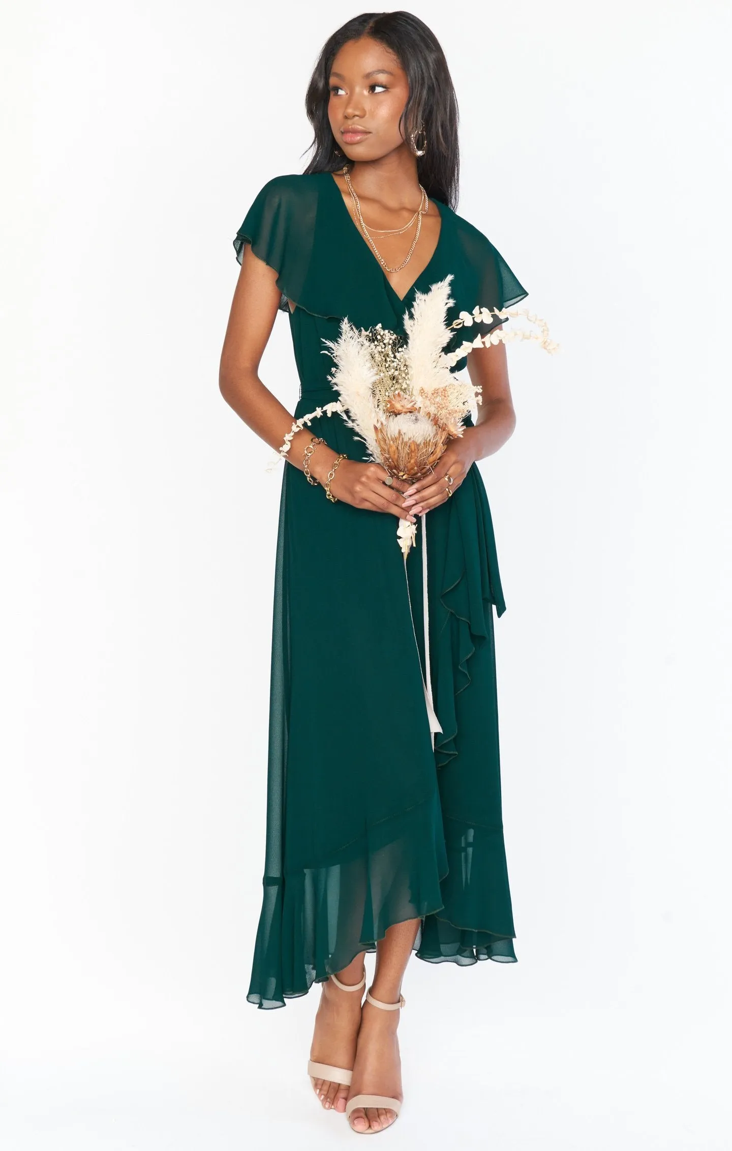 Jess Ruffle Midi Dress ~ Emerald Chiffon