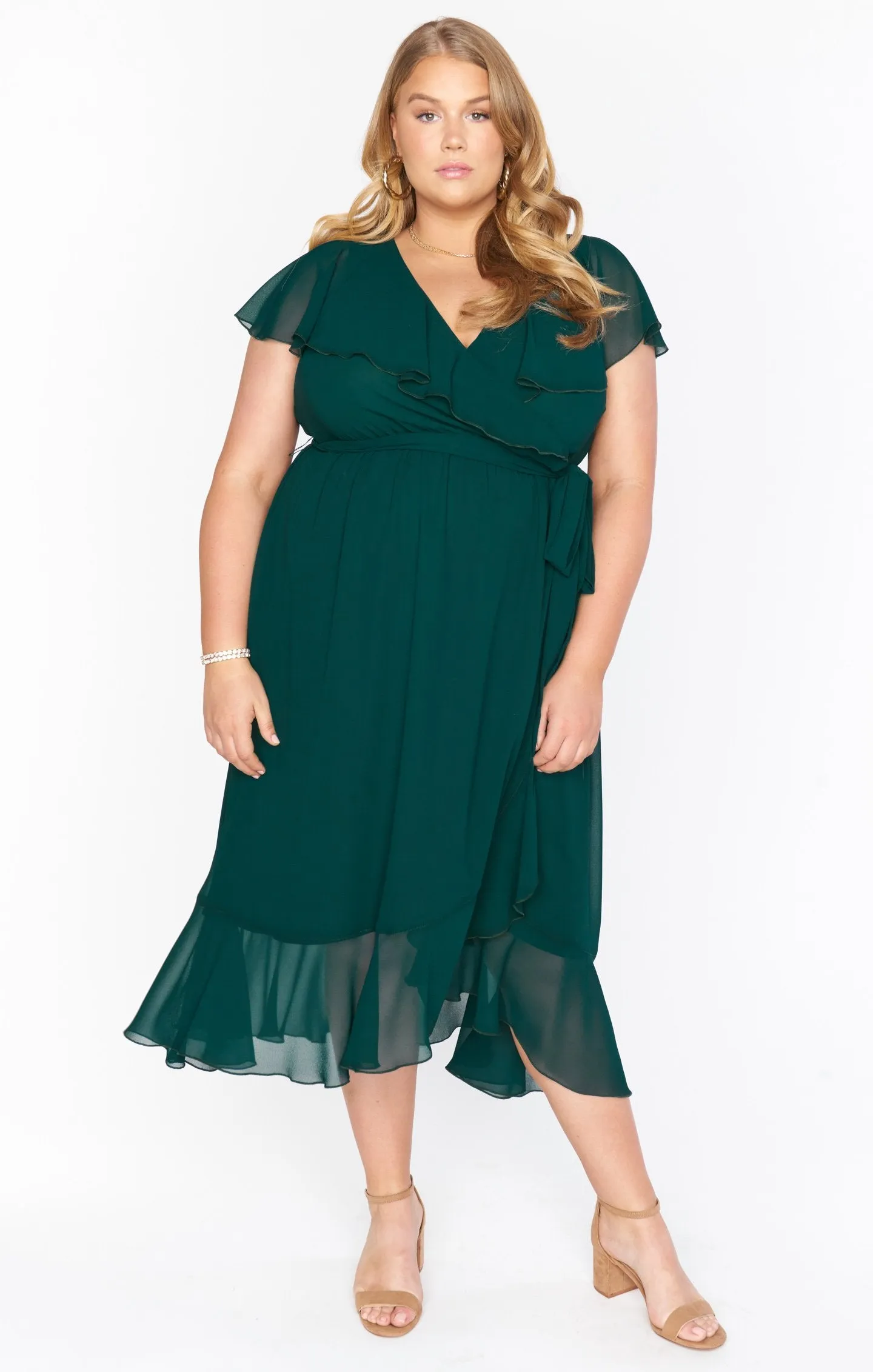 Jess Ruffle Midi Dress ~ Emerald Chiffon