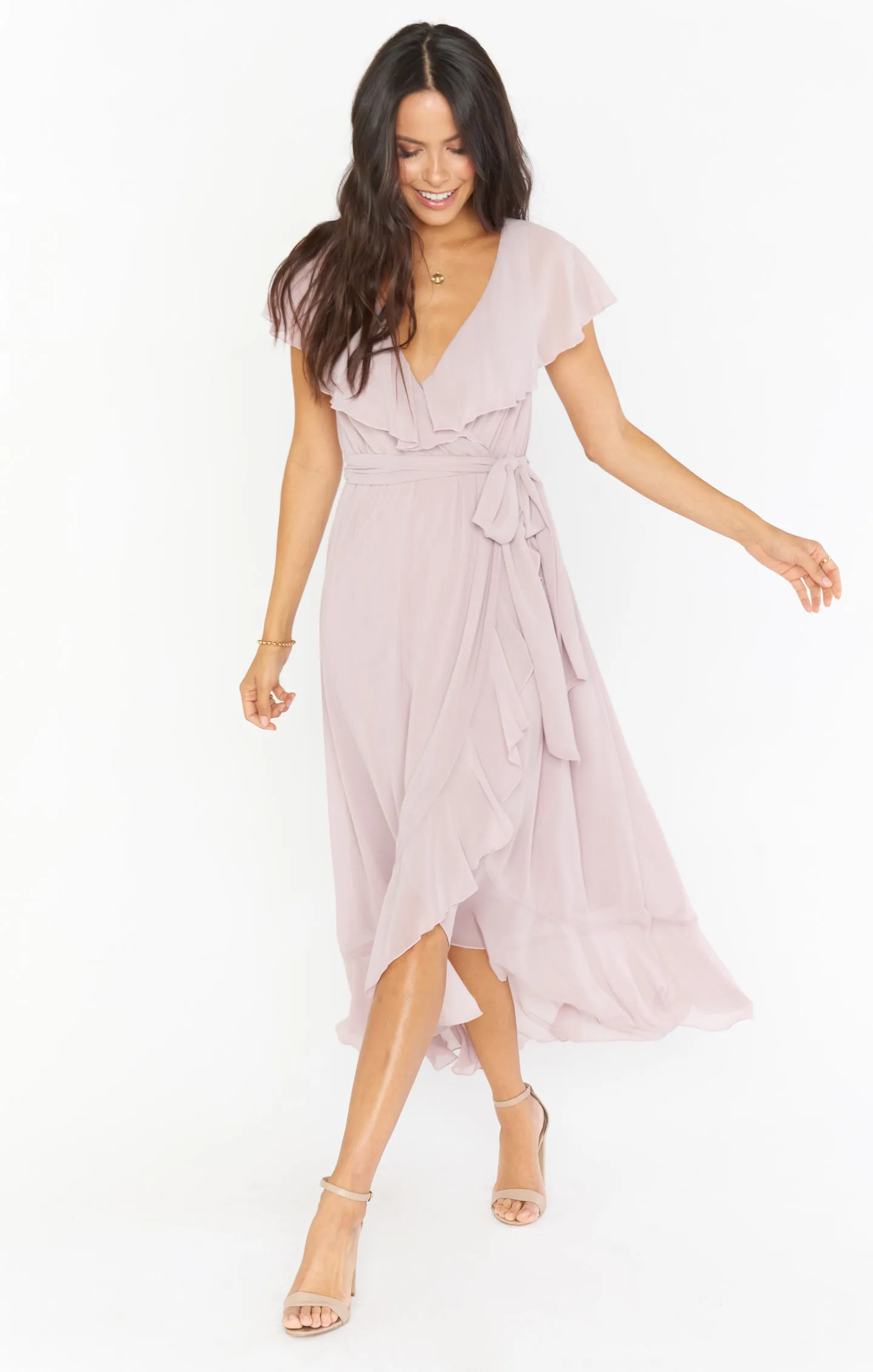 Jess Ruffle Midi Dress ~ Neutral Mauve Chiffon