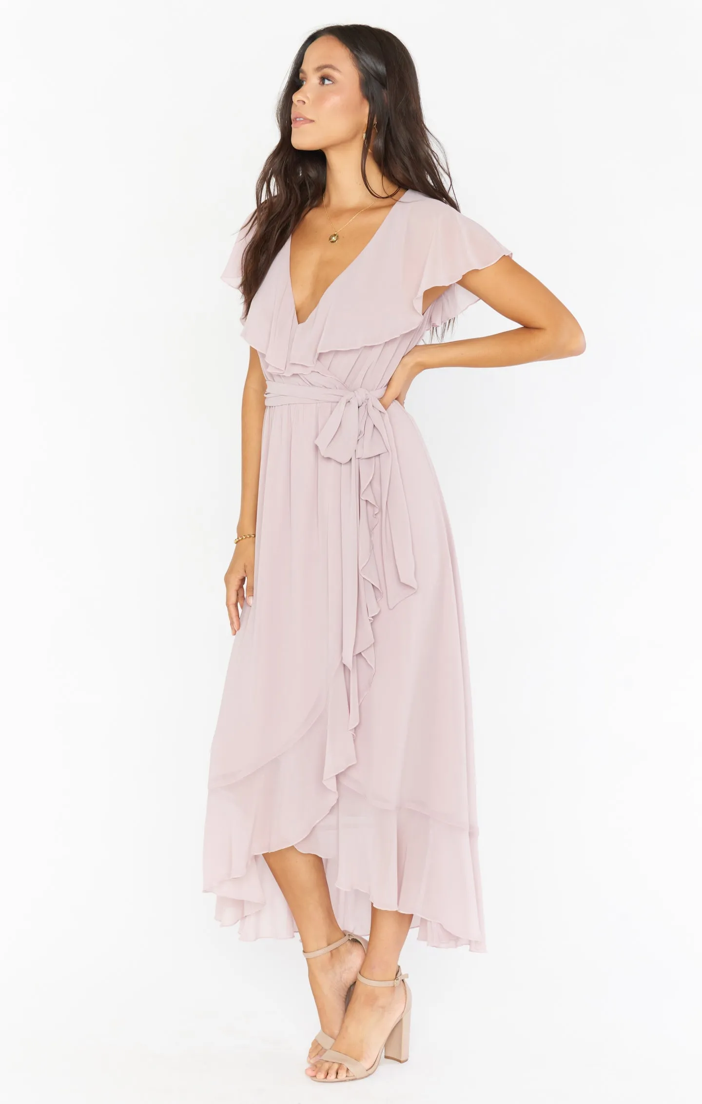 Jess Ruffle Midi Dress ~ Neutral Mauve Chiffon