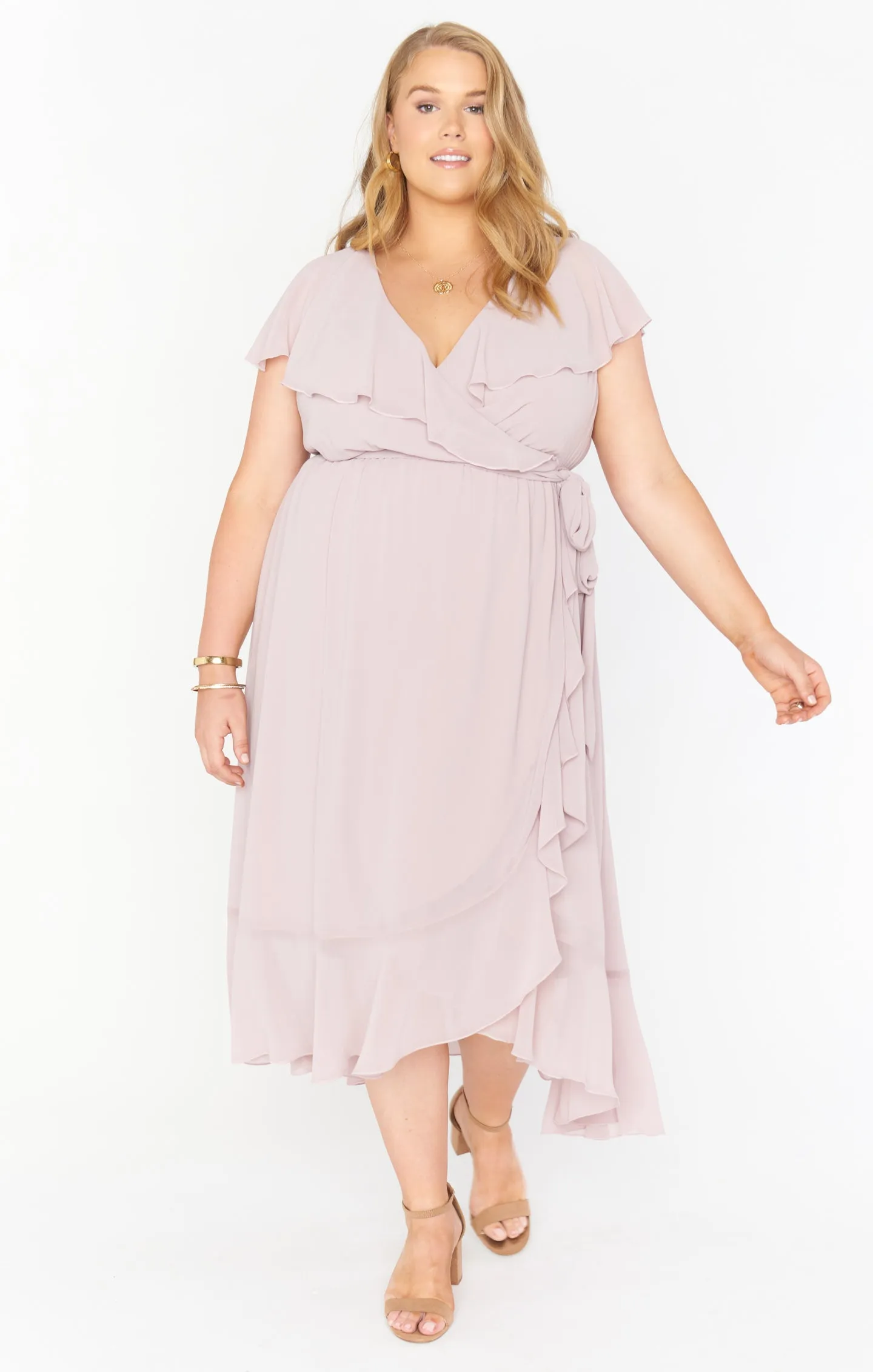 Jess Ruffle Midi Dress ~ Neutral Mauve Chiffon