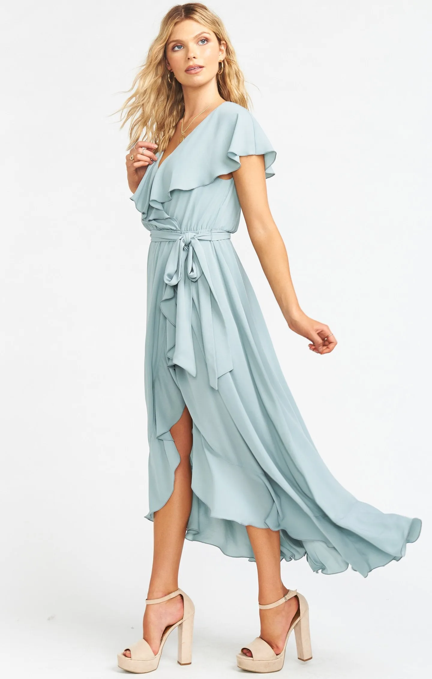 Jess Ruffle Midi Dress ~ Silver Sage Crisp