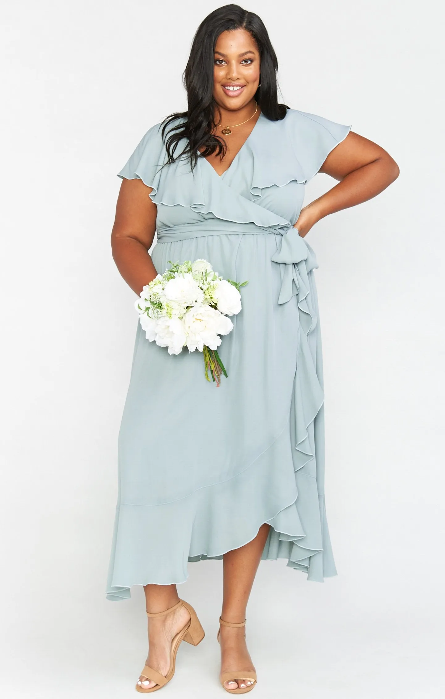 Jess Ruffle Midi Dress ~ Silver Sage Crisp