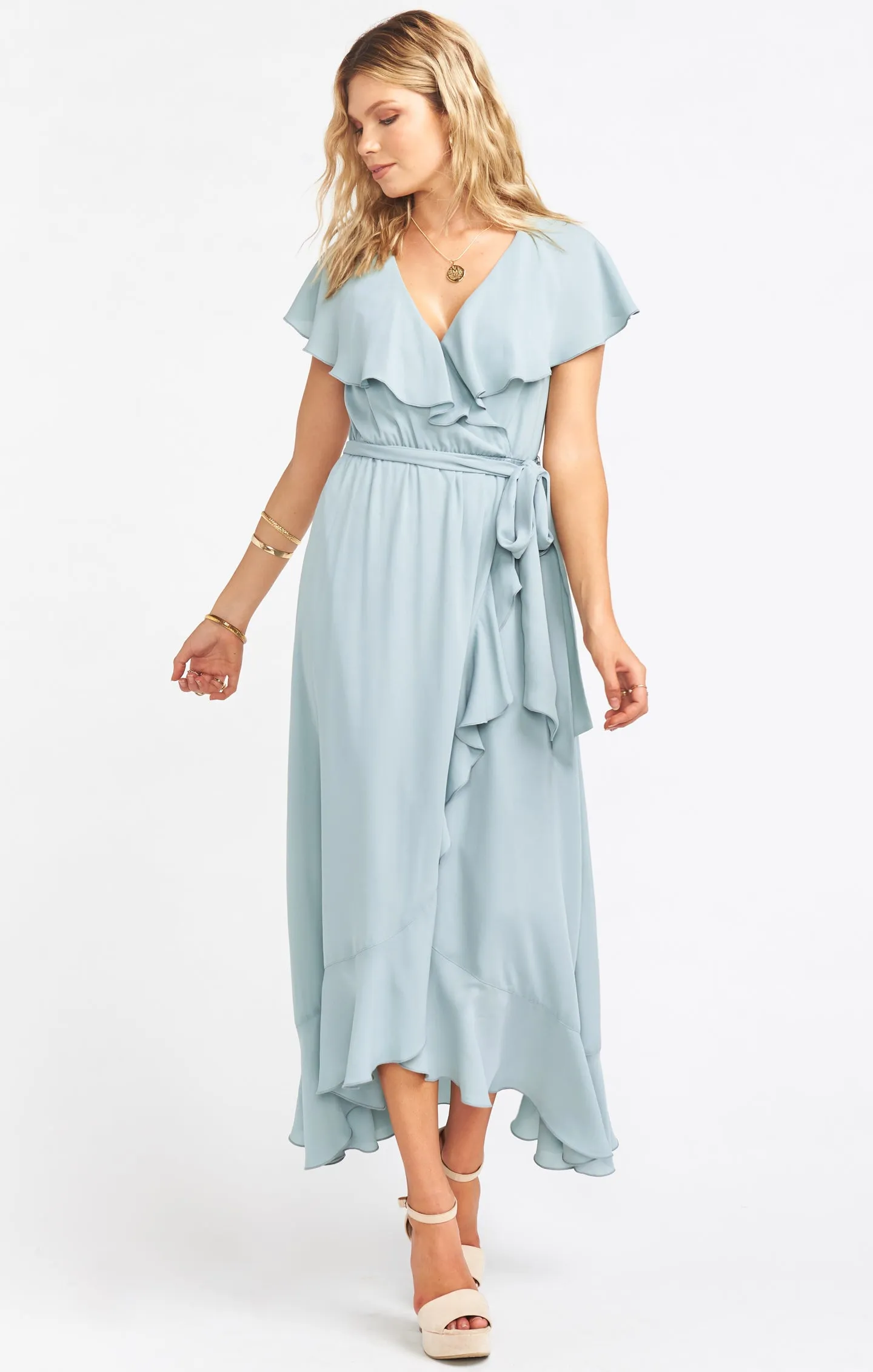 Jess Ruffle Midi Dress ~ Silver Sage Crisp