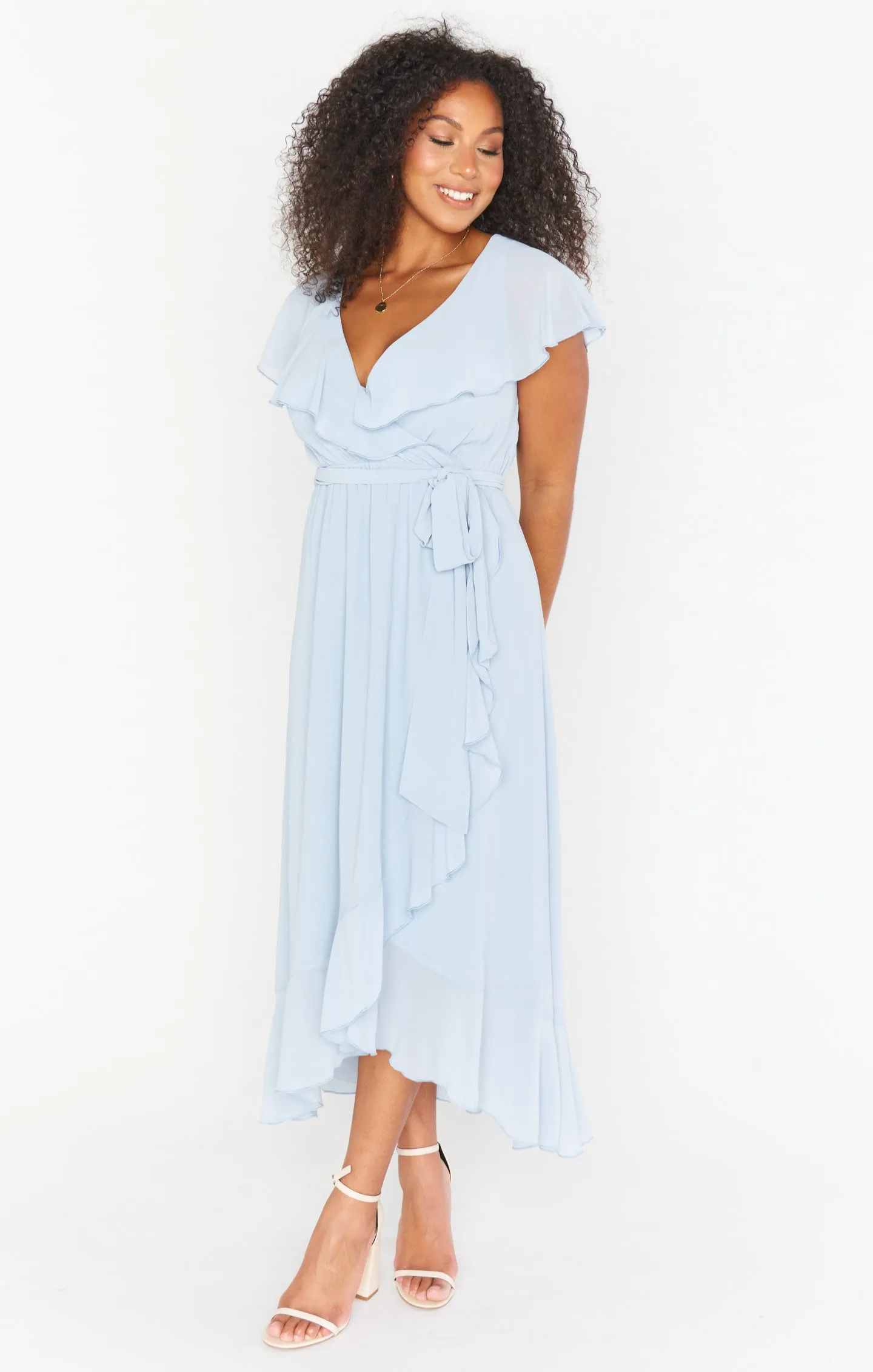 Jess Ruffle Midi Dress ~ Steel Blue Chiffon