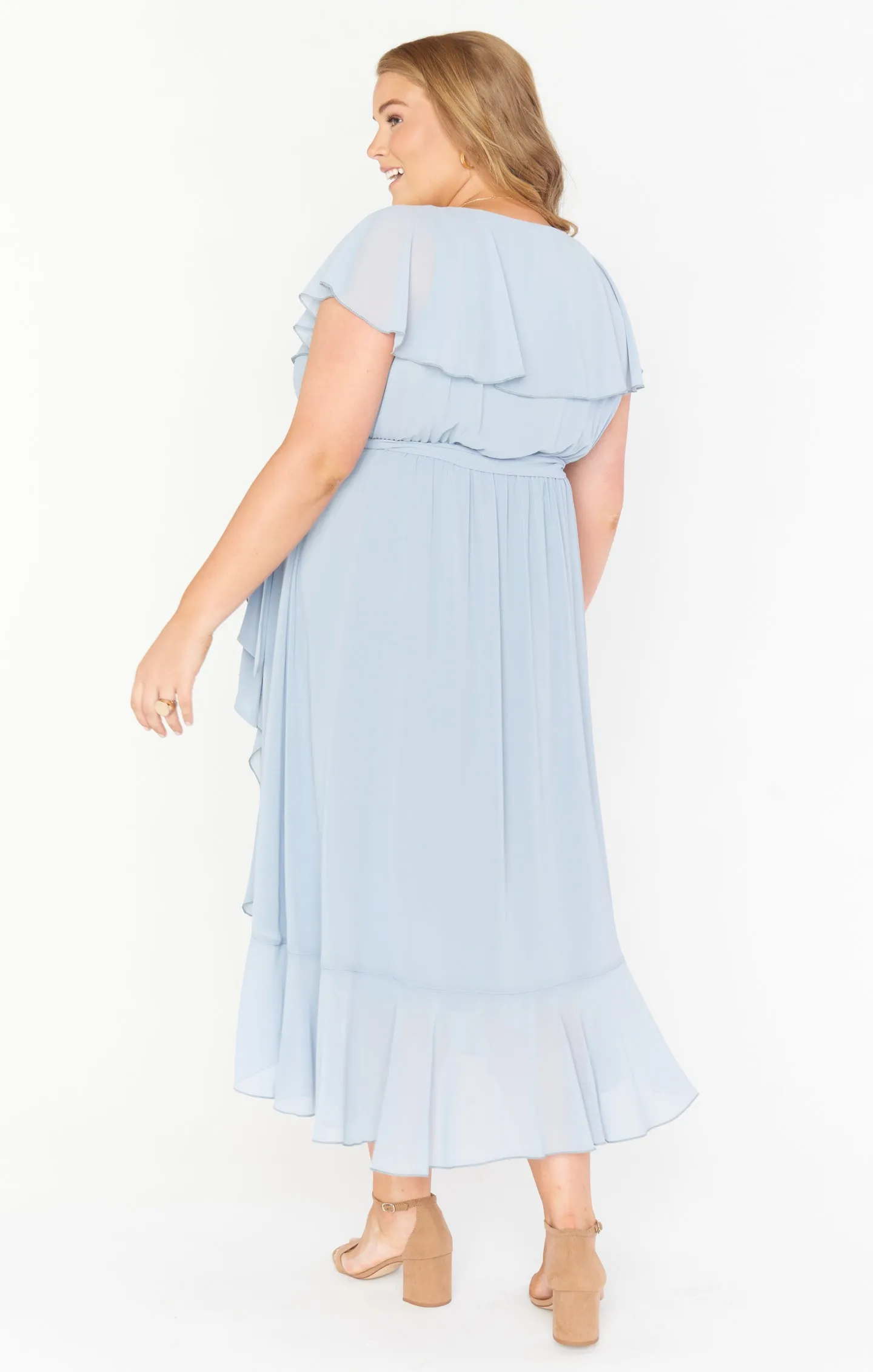 Jess Ruffle Midi Dress ~ Steel Blue Chiffon