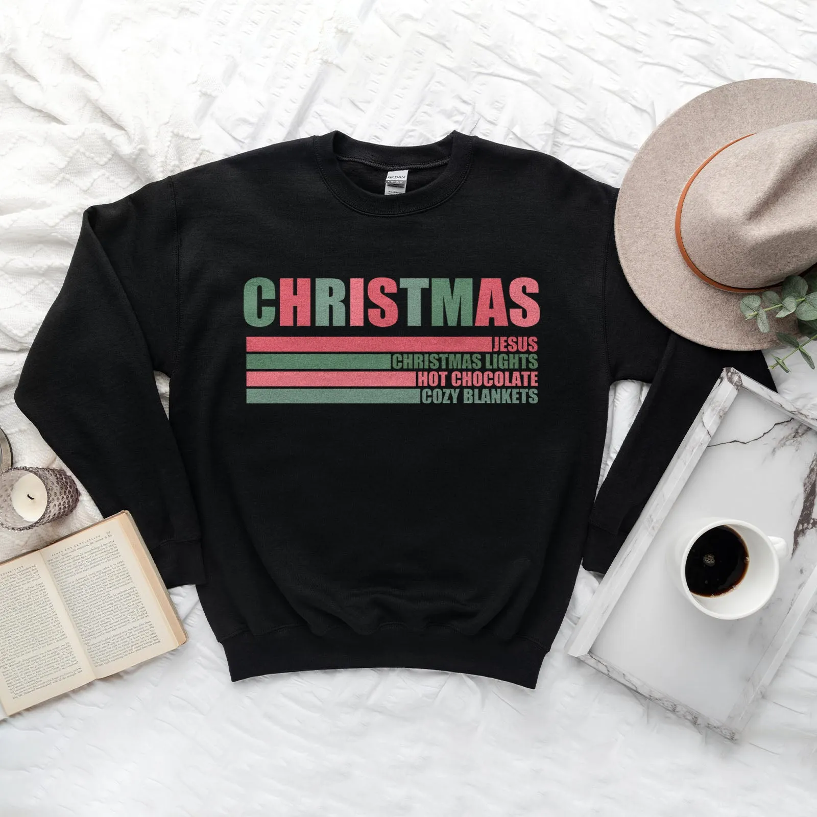 Jesus, Christmas Lights, Hot chocolate, Cozy blankets Sweatshirt