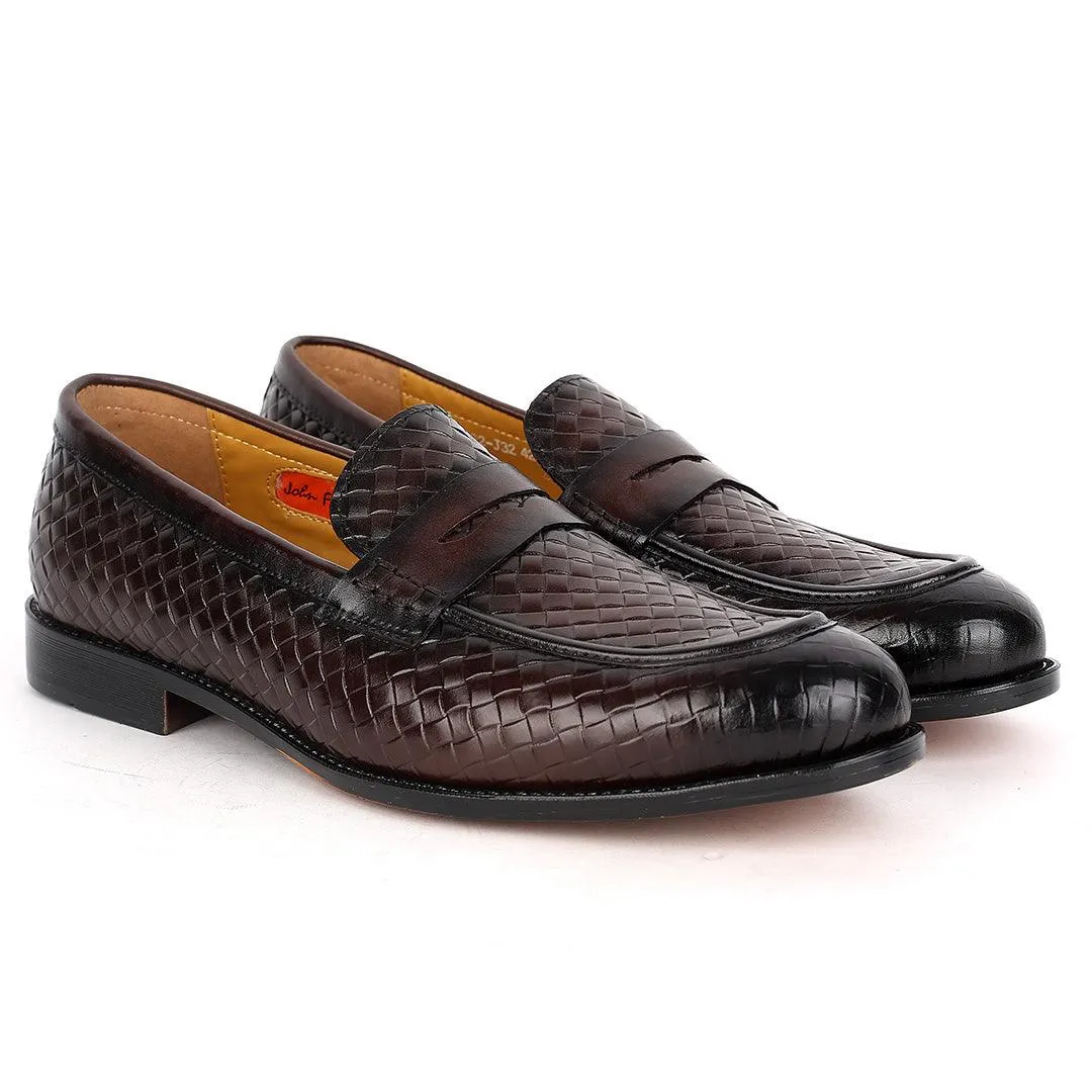 John Foster Exquisite Woven Leather Shoe with Belt Design-Coffee