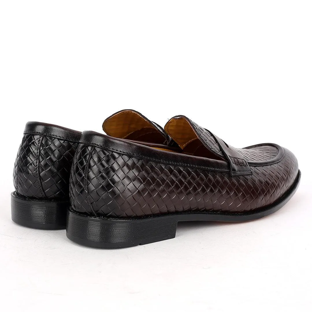 John Foster Exquisite Woven Leather Shoe with Belt Design-Coffee