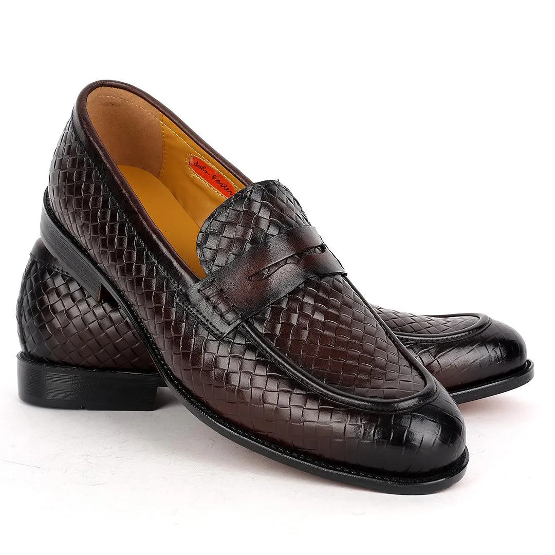 John Foster Exquisite Woven Leather Shoe with Belt Design-Coffee