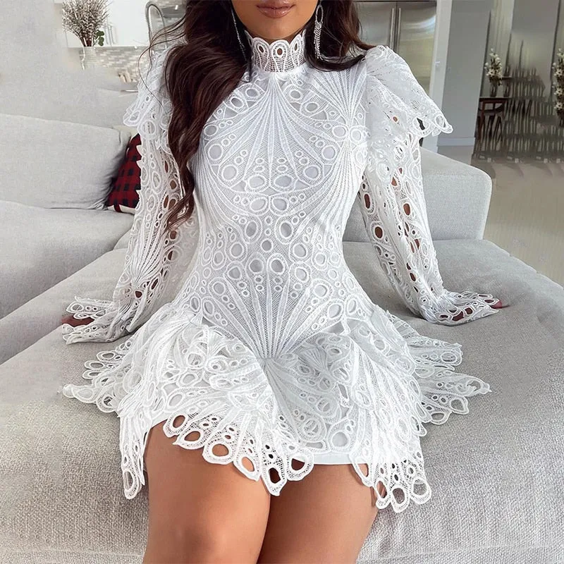 Joskaa hoco dresses Fashion Clubwear Women Sexy Lace Mini Dress Female  Mini Crochet Hollow-out Flare Sleeve Lady Party Dress