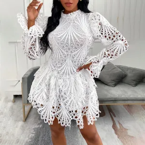 Joskaa hoco dresses Fashion Clubwear Women Sexy Lace Mini Dress Female  Mini Crochet Hollow-out Flare Sleeve Lady Party Dress