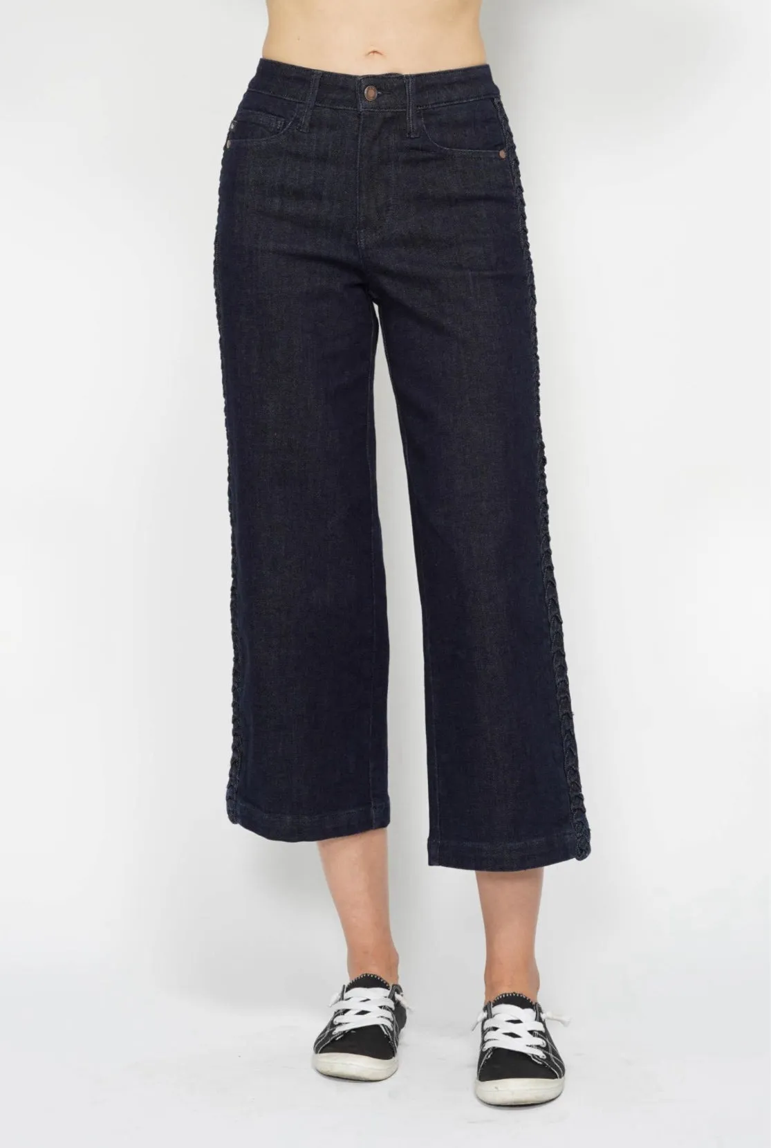 JUDY BLUE Braided Side Detail Crop Wide Leg Jeans