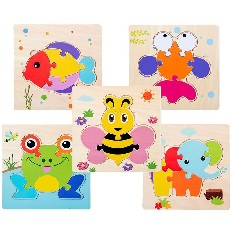 Kids Wooden 3D Puzzle  Toy Early Education Cartoon Animal Learning Jigsaw Puzzle Wood Toy For Children 2 to 4 Year old