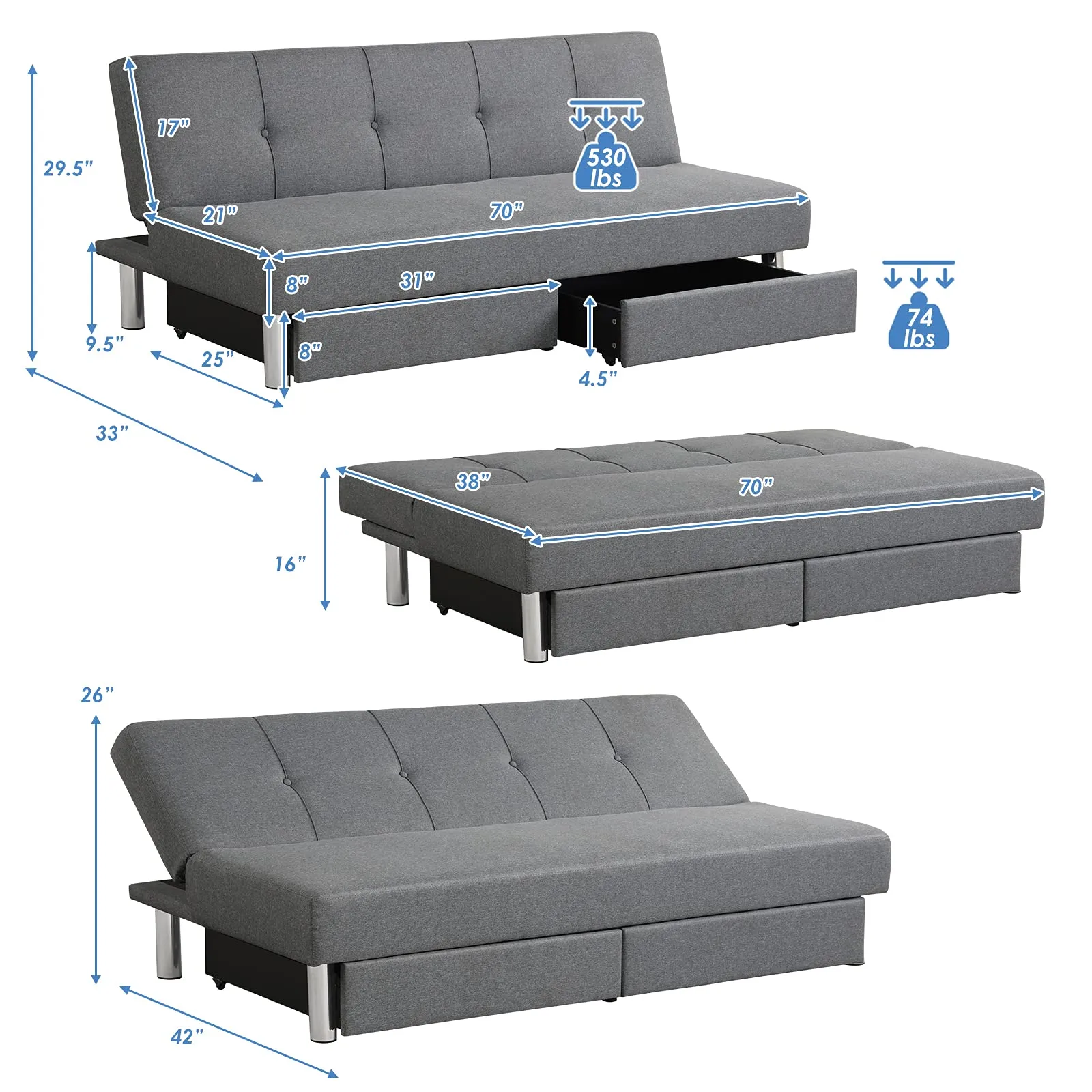 KOMFOTT 3-Seat & 3 Adjustable Angles Convertible Sofa Bed w/ 2 Large Drawers