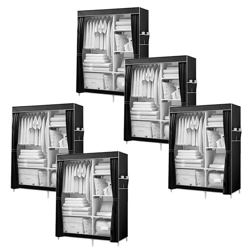 Kuber Industries Foldable Wardrobe for Clothes|Non Woven 2 Door Portable Clothes Rack|4 Shelves Almirah for Clothes-Pack of 5 (Black)