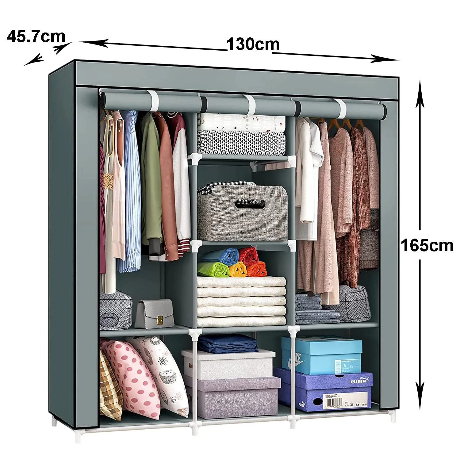 Kuber Industries Foldable Wardrobe for Clothes|Non Woven 2 Door Portable Clothes Rack|6 Shelves Almirah for Clothes-Pack of 6 (Grey)