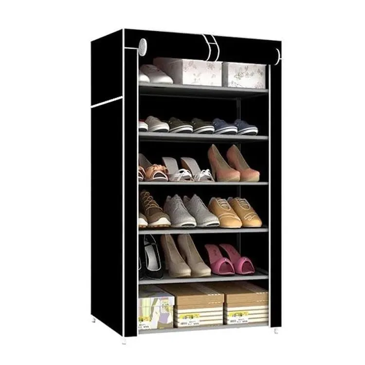 Kuber Industries Shoe Rack|Non-Woven 6 Shelves Shelf|Foldable Storage Rack Organizer for Shoe, Books-Pack of 6 (Black)