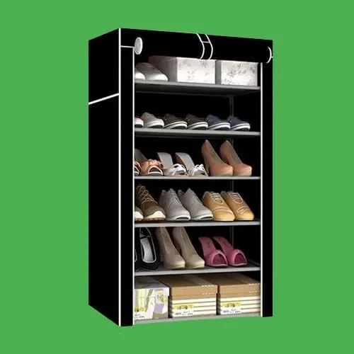 Kuber Industries Shoe Rack|Non-Woven 6 Shelves Shelf|Foldable Storage Rack Organizer for Shoe, Books-Pack of 6 (Black)