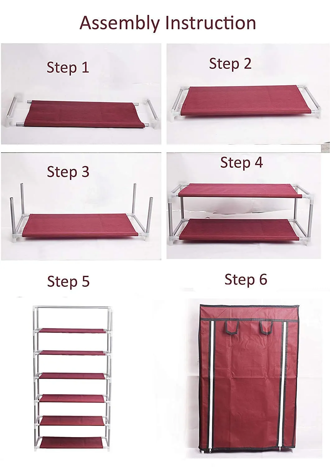 Kuber Industries Shoe Rack|Non-Woven 6 Shelves Shelf|Foldable Storage Rack Organizer for Shoe, Books-Pack of 6 (Maroon)