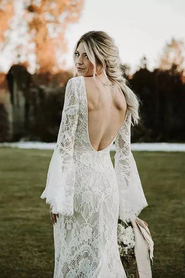 Lace Mermaid V-neck Long Sleeves Backless Bohemian Wedding Dresses  WD652