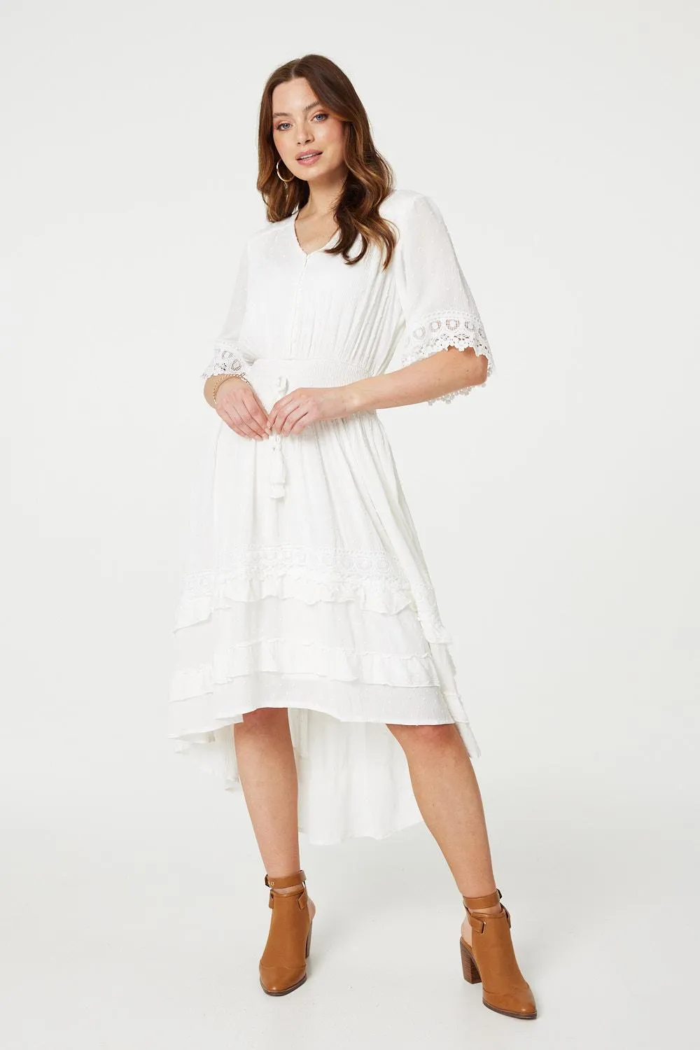 Lace Trim 3/4 Sleeve High Low Sundress