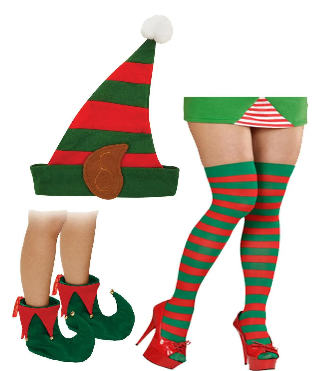 Ladies Elf Santa’s Helper Striped Socks Shoes Hat Christmas 3 Pc Fancy Dress