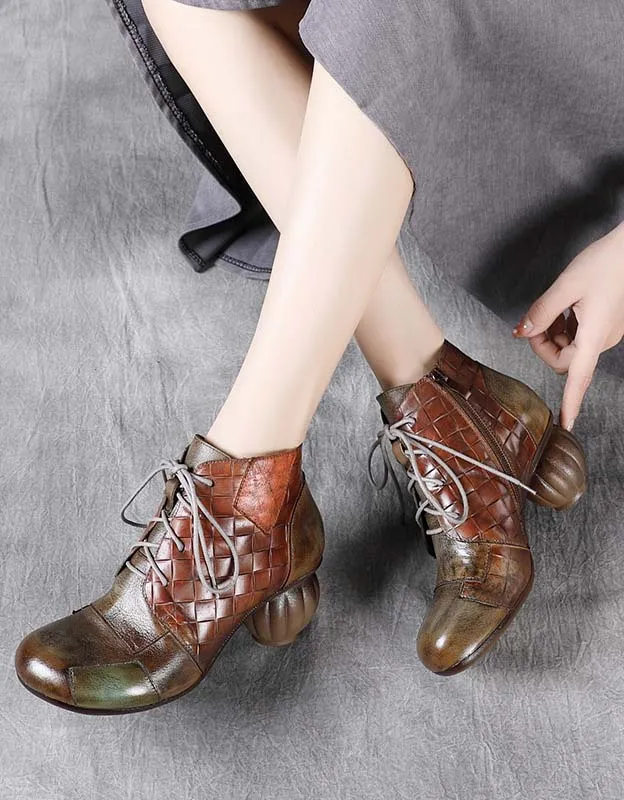 Leather Splicing Woven Retro Chunky Boots