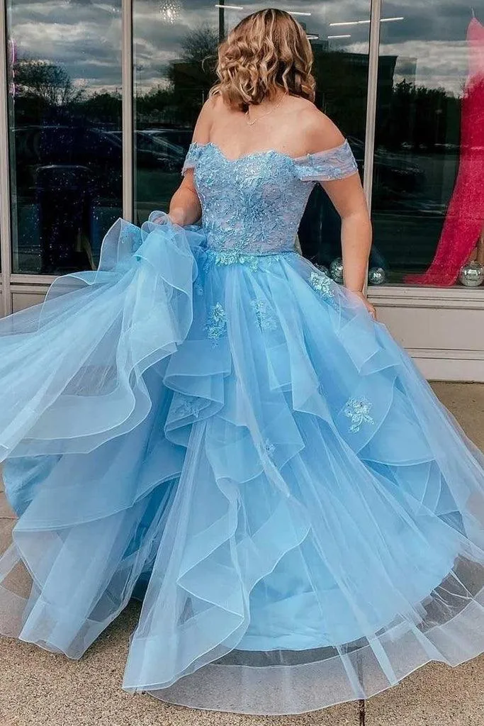 Light Blue Tulle Off-the-Shoulder Tiered A-Line Prom Evening Dress PSK400