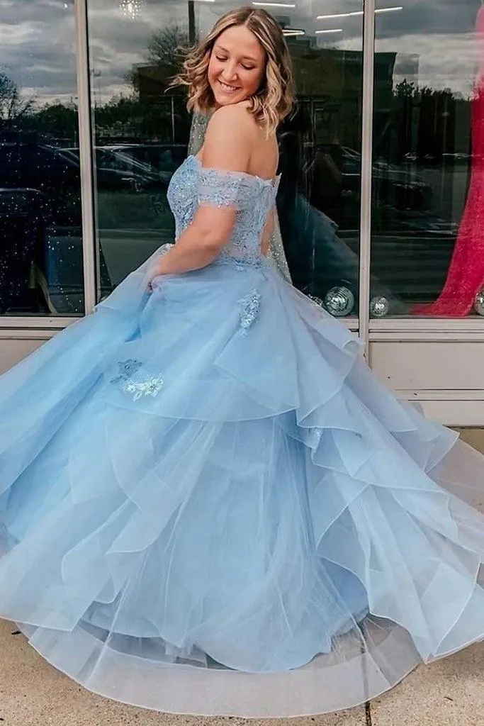 Light Blue Tulle Off-the-Shoulder Tiered A-Line Prom Evening Dress PSK400