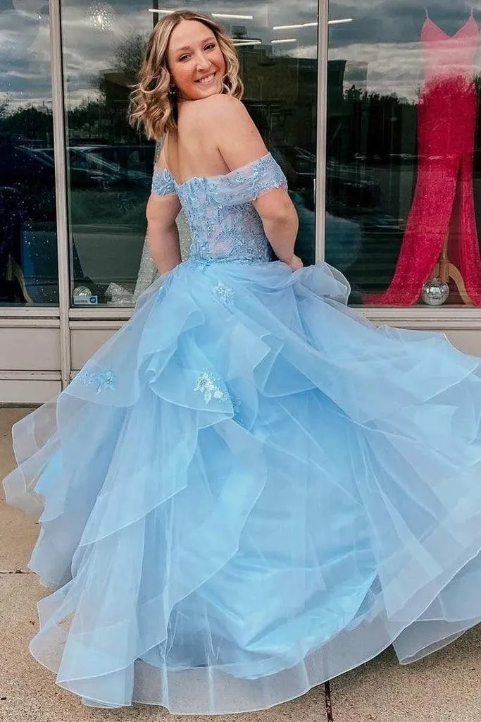 Light Blue Tulle Off-the-Shoulder Tiered A-Line Prom Evening Dress PSK400