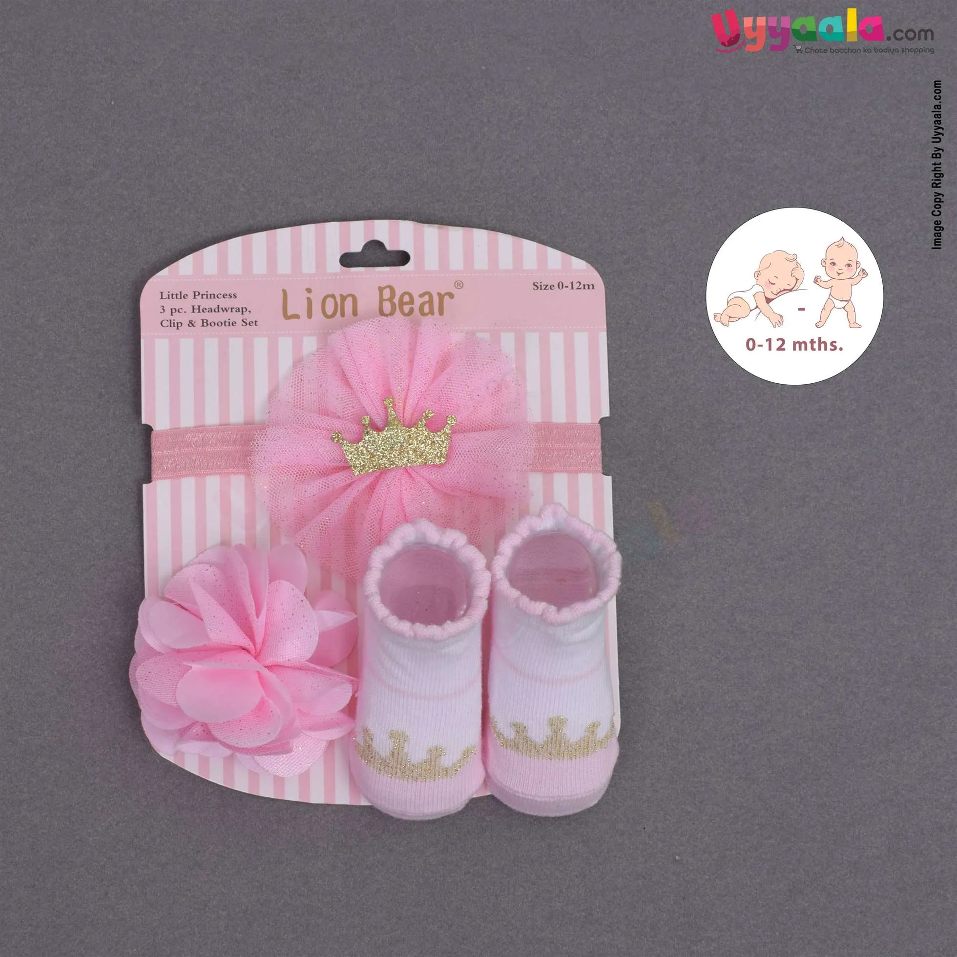 LION BEAR Glittery headwrap, flower bow clip & booties set (3 pcs) for babies - pink with glittery crown patch, 0 - 12 m