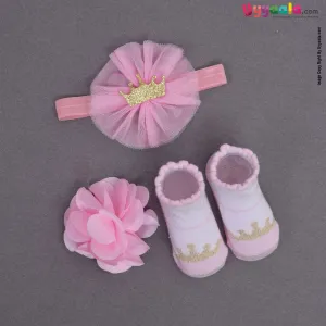 LION BEAR Glittery headwrap, flower bow clip & booties set (3 pcs) for babies - pink with glittery crown patch, 0 - 12 m